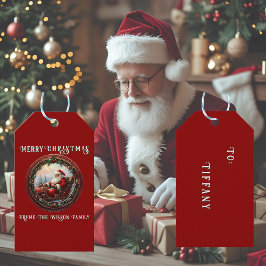 Etiqueta Para Presente Cartão de Boas Festas do Papai Noel em seu Trenó