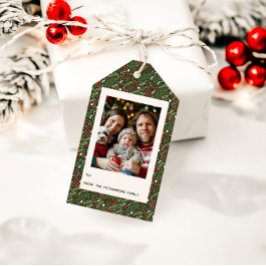 Etiqueta Para Presente Cartão de Foto de Férias de Natal com Folha de Aze