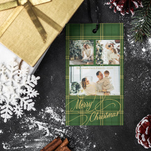 Etiqueta Para Presente Cartão de Natal com Foto da Família em Xadrez Verd