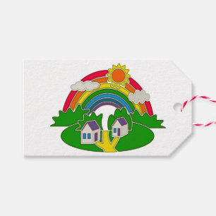 Etiqueta Para Presente Cartoon rural com arco-íris e casa de campo