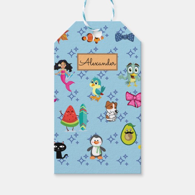 Etiqueta Para Presente Cartoons provoca desenhos animados de crianças azu (Frente)