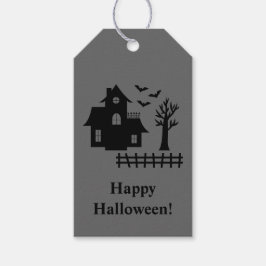 Etiqueta Para Presente Casa Assombrada E Texto Feliz Halloween Cinza