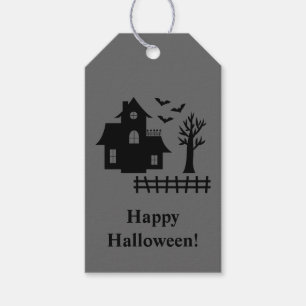 Etiqueta Para Presente Casa Assombrada E Texto Feliz Halloween Cinza