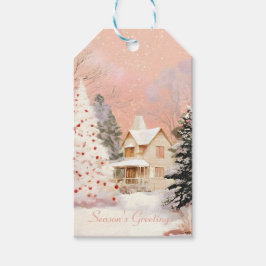 Etiqueta Para Presente Casa de Natal Rosa Caprichosa no Inverno