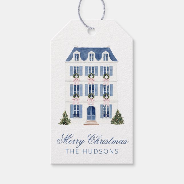 Etiqueta Para Presente Casa Tradicional de Natal Azul e Rosa (Frente)