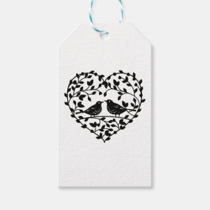 Etiqueta Para Presente Casais de Pássaros Preto e Branco Coração Floral C