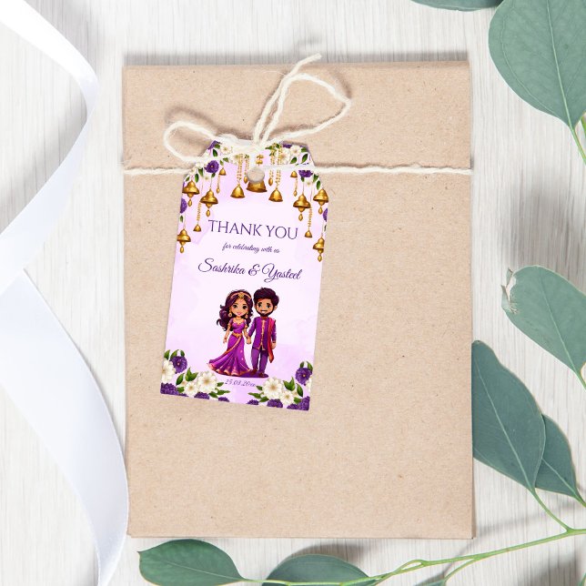 Etiqueta Para Presente Casal de noiva roxa Mehndi (Indian wedding Mehndi Sangeet purple cute bridal couple caricature thank you favor Gift Tags)