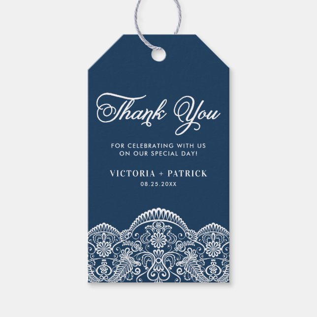 Etiqueta Para Presente Casamento Azul De Brocade Elegante Obrigado (Frente)