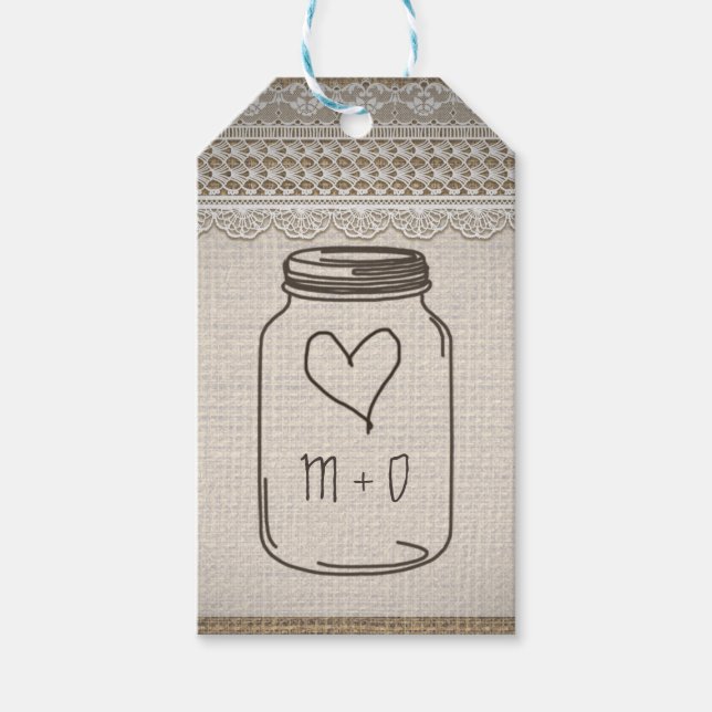 Etiqueta Para Presente Casamento Cardíaco Rustic Burlap Lace Mason Jar (Frente)