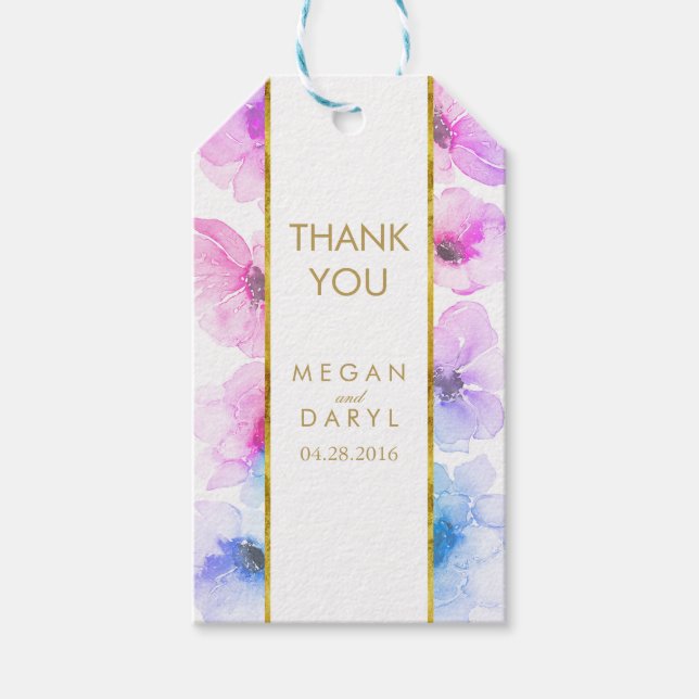 Etiqueta Para Presente Casamento Chic Dourado Floral Roxo Azul (Frente)