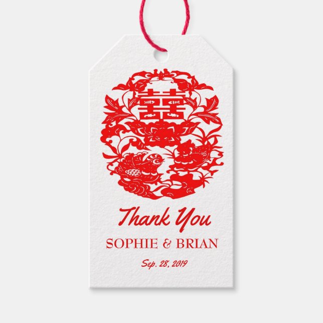 Etiqueta Para Presente Casamento Chinês Dupla Felicidade Pássaros (Frente)