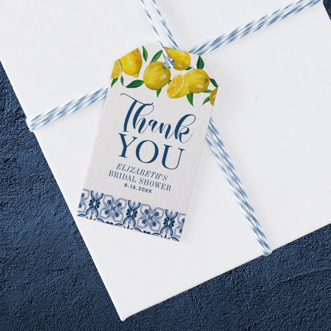 Etiqueta Para Presente Casamento com Lemon Italiano Azulejo Azul Obrigado (Elegant lemon wedding thank you gift tags.)