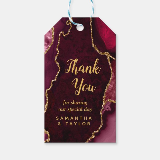 Etiqueta Para Presente Casamento de Agatos Vermelho e Dourado Obrigado (Frente)