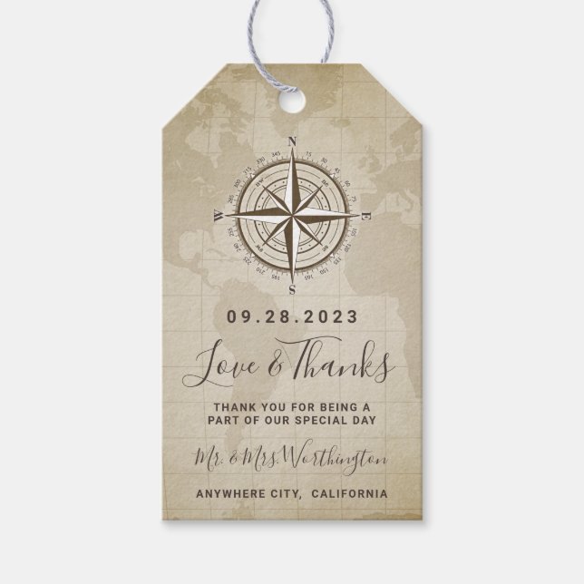 Etiqueta Para Presente Casamento de Compass Náutico Vintage - Obrigado (Frente)