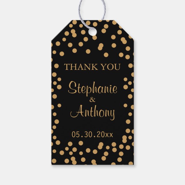 Etiqueta Para Presente Casamento de Confetti Dourado e Negro (Frente)