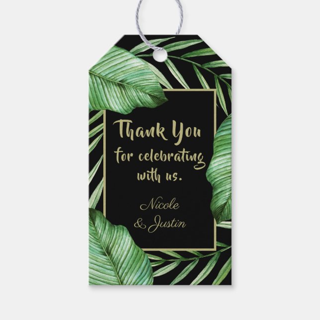 Etiqueta Para Presente Casamento de Folhagem Tropical Moderna Obrigado (Frente)