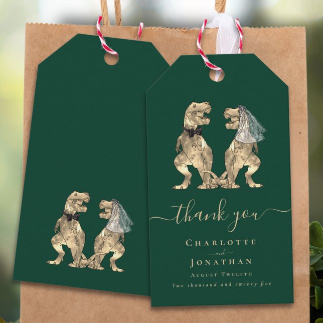 Etiqueta Para Presente Casamento De Tema Dinossauro Obrigado (Dinosaur theme wedding dark green thank you personalized favor tags elegant modern script T-Rex dino)