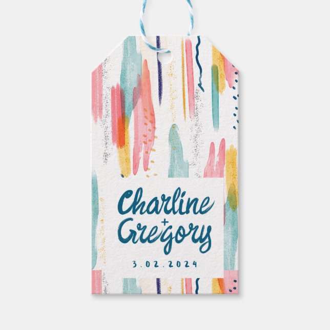 Etiqueta Para Presente Casamento de Traços Coloridos de Pincel Abstrato d (Frente)