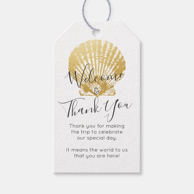 Etiqueta Para Presente Casamento Dourado de praia de Seashell Obrigado (Frente)