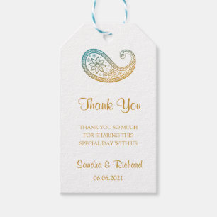 Etiqueta Para Presente Casamento Dourado e Teal Paisley Indian Obrigado