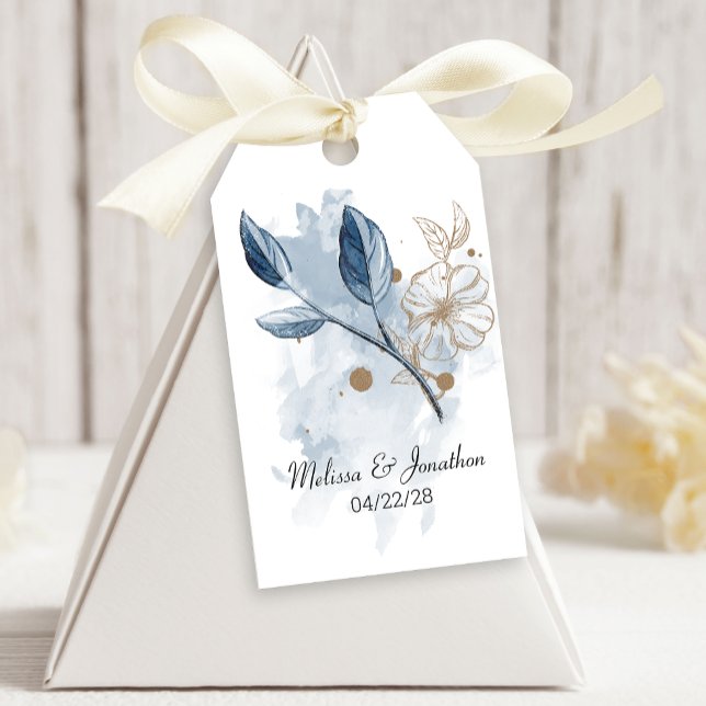 Etiqueta Para Presente Casamento Elegante Floral Moderno Dourado Azul (Criador carregado)