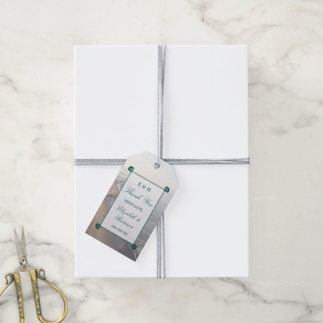 Etiqueta Para Presente Casamento Elegante Monograma & Teal Scallop Beach (Com cordão)