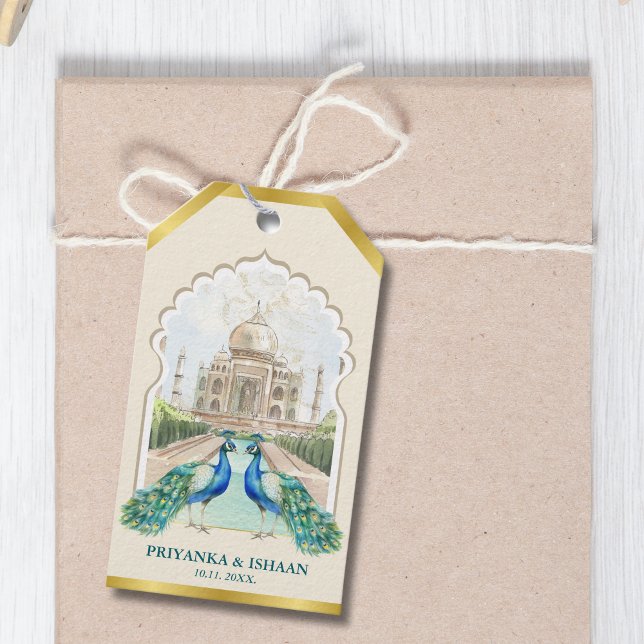 Etiqueta Para Presente Casamento Estético Dourado Taj Mahal, Peacock Indi (Peacocks Gold Taj Mahal Aesthetic Indian Hindu Punjabi Traditional Wedding Gift Tag)