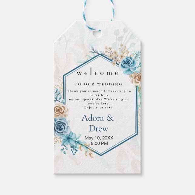 Etiqueta Para Presente Casamento Floral Azul Bege (Frente)