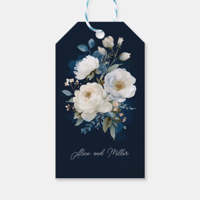 Etiqueta Para Presente Casamento Floral Azul e Branco Obrigado (Frente)