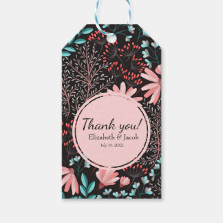 Etiqueta Para Presente Casamento Floral Cor-de-Rosa e Escuro-Teal Obrigad