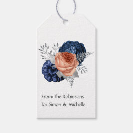 Etiqueta Para Presente Casamento Floral Coral, Azul Marinho e Prata