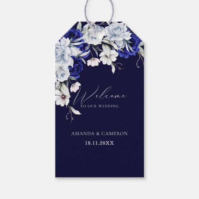 Etiqueta Para Presente Casamento Floral de Marinho Azul Elegante (Frente)