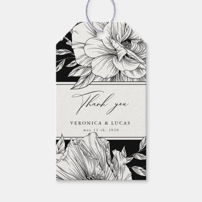 Etiqueta Para Presente Casamento floral elegante branco preto Obrigado (Frente)