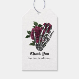 Etiqueta Para Presente Casamento Gótico Mão de Esqueleto Floral Borgonha