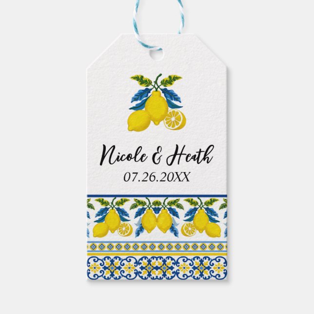 Etiqueta Para Presente Casamento mediterrânico de Lemon Amarelo Azul (Frente)