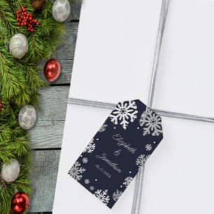 Etiqueta Para Presente Casamento no inverno marinho Azul Flocos de Neve