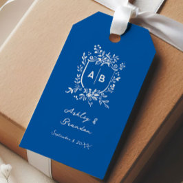Etiqueta Para Presente Casamento Old World com Brasão Monograma Azul Fran