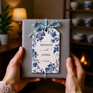 Etiqueta Para Presente Casamento Romântico em Azul Poeirento com Toile de