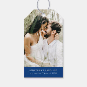 Etiqueta Para Presente Casamento Salve a data Foto Simples e Mínimo Azul