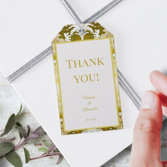 Etiqueta Para Presente Casamento tema damasco Verde RetroDourado Obrigado (Criador carregado)