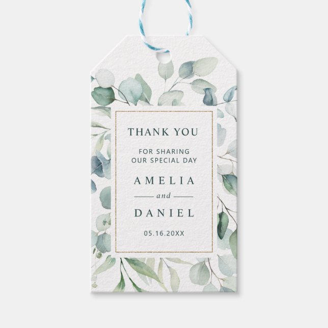 Etiqueta Para Presente Casamento Verde Dourado Eucalyptus Eetal Obrigado (Frente)