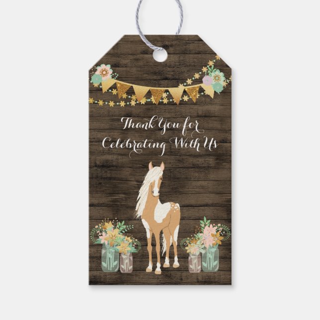 Etiqueta Para Presente Cavalo, Flores, Madeira Rústica Aniversário Obriga (Frente)