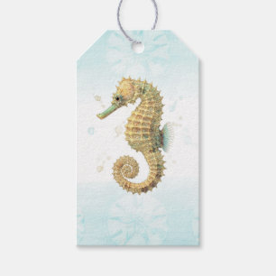 Etiqueta Para Presente Cavalo-Marinho Azul Turquesa & Dourado Aquarela Pr