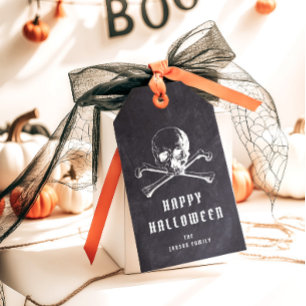Etiqueta Para Presente Caveira de Pirata Vintage e Ossos Preto Halloween