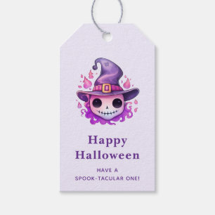 Etiqueta Para Presente Caveira em um Chapéu de Bruxa Caprichoso Halloween