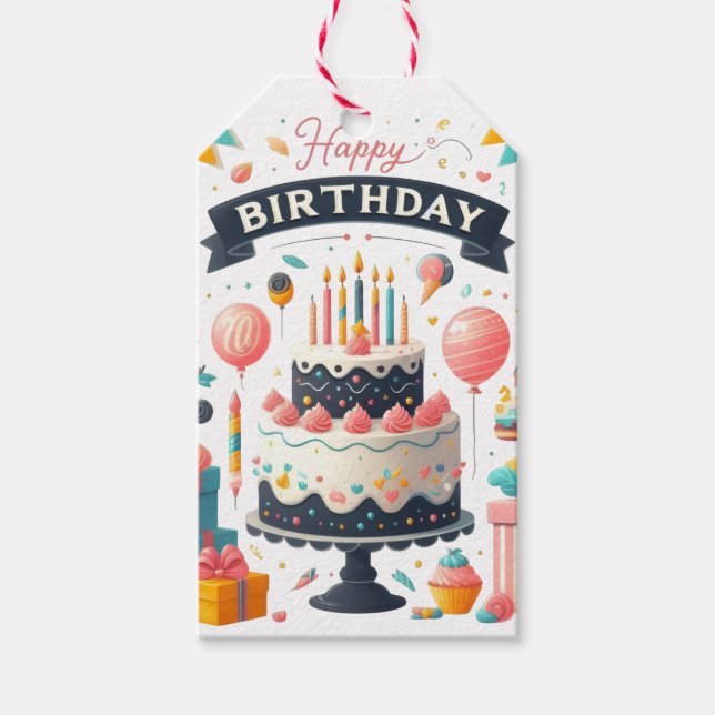 Etiqueta Para Presente Celebração de aniversário alegre Bolo e Balões (Frente)