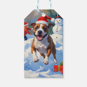 Etiqueta Para Presente Cena de neve festiva de Natal com Bull Terrier