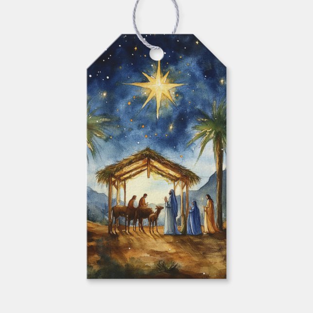 Etiqueta Para Presente Cena Noturna de Bethlehem Natividade (Frente)