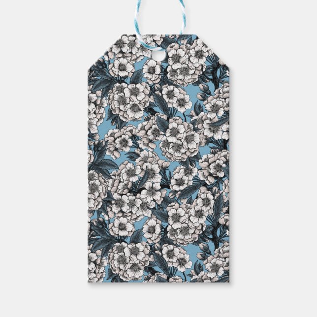 Etiqueta Para Presente Cereja floresce em branco e azul (Frente)
