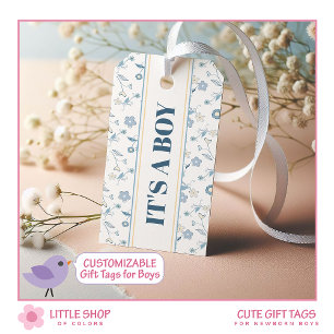 Etiqueta Para Presente Chá de Bebê Azul Floral É um Menino Personalizável